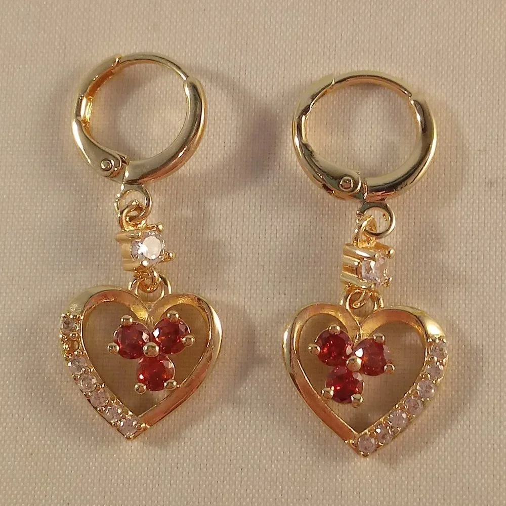 18K Yellow Gold Filled Ruby Red Diamond Zircon Heart Flower Dangle Earrings Gift